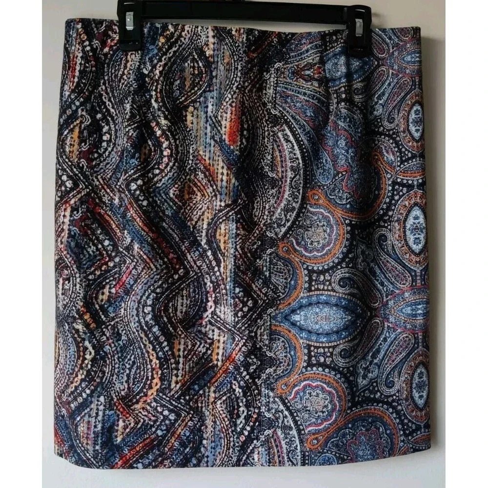 J. Jill Mod Art Deco Paisley Earth Tones‎ Ponte Pencil Stretch Skirt Size Medium - Picture 2 of 5